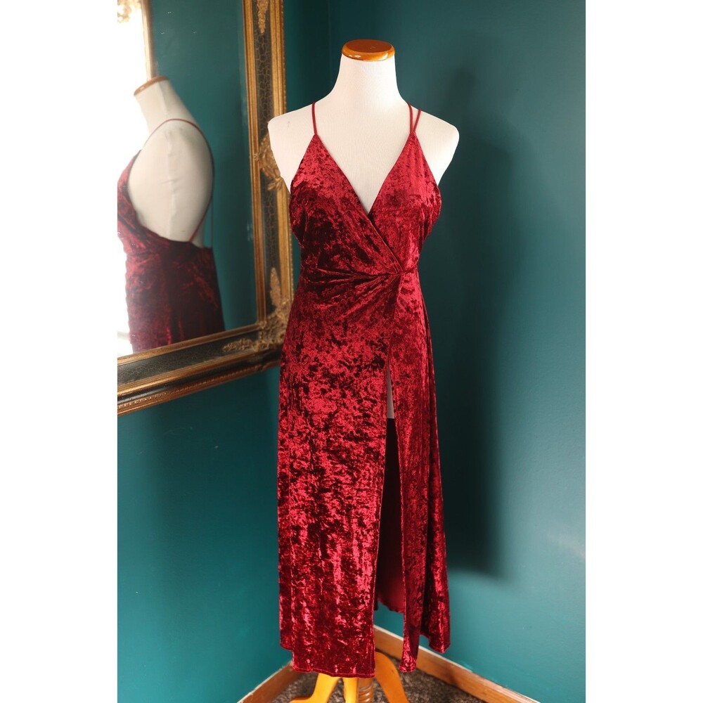 Crushed Red Velvet High Slit Dress Plunge Neckline Strappy Vamp Whimsigoth Small